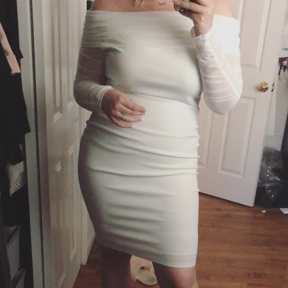 white off the shoulder cocktail dress.